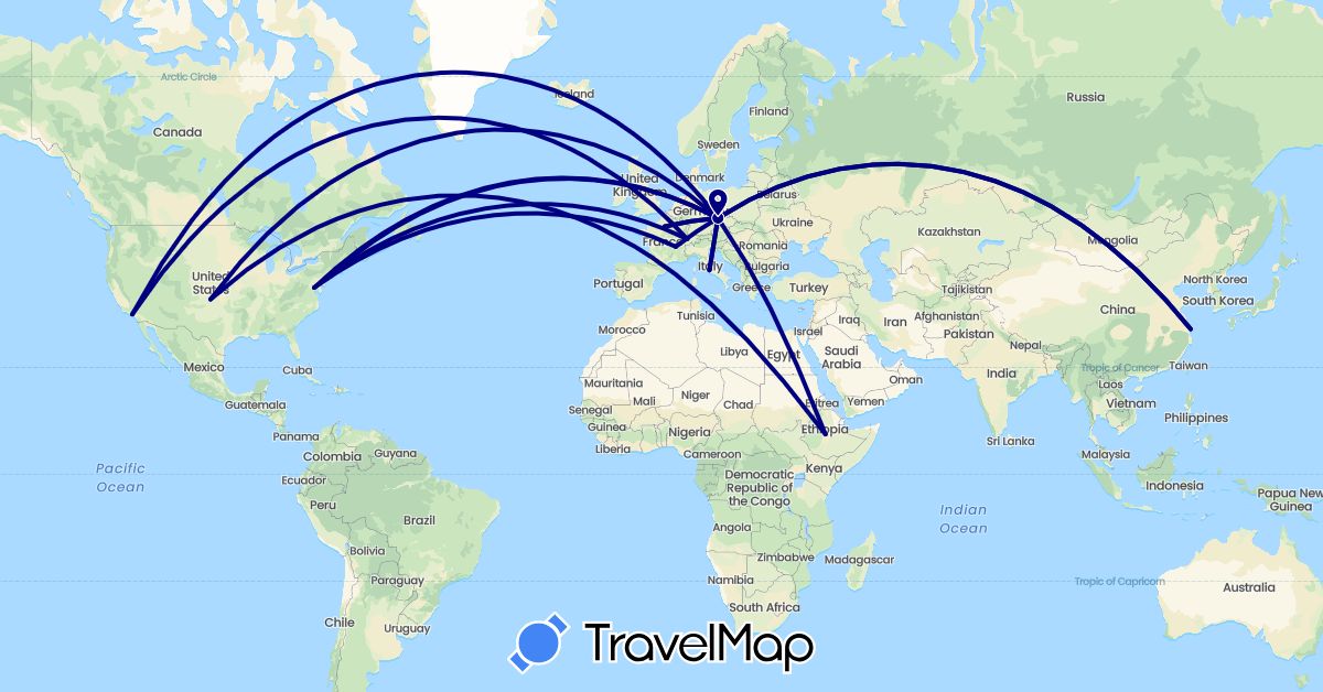 TravelMap itinerary: driving in Switzerland, China, Czech Republic, Ethiopia, France, Italy, United States (Africa, Asia, Europe, North America)